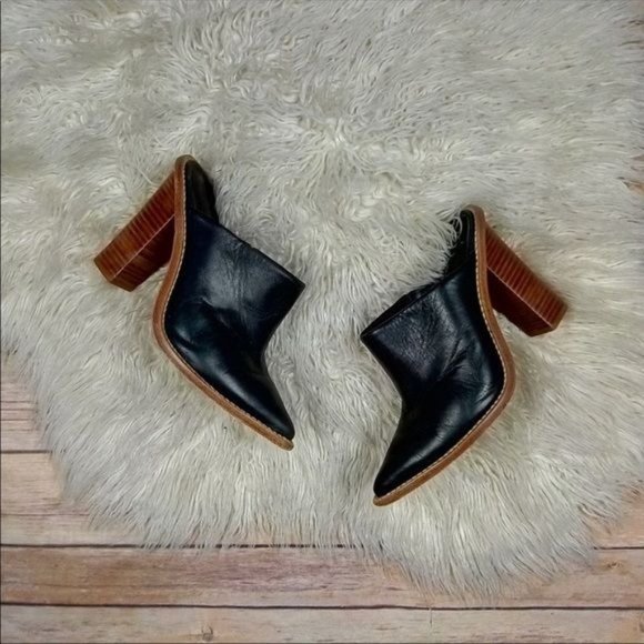 Revolve | Tibi ‘Windsor’ Black Pointed Toe Stacked Heel Smooth Leather Mules - Picture 2 of 8